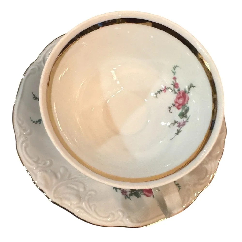 Wavel Polnad Vintage Floral Tea Cup Saucer Set Porcelain Gold Trim Pink Roses